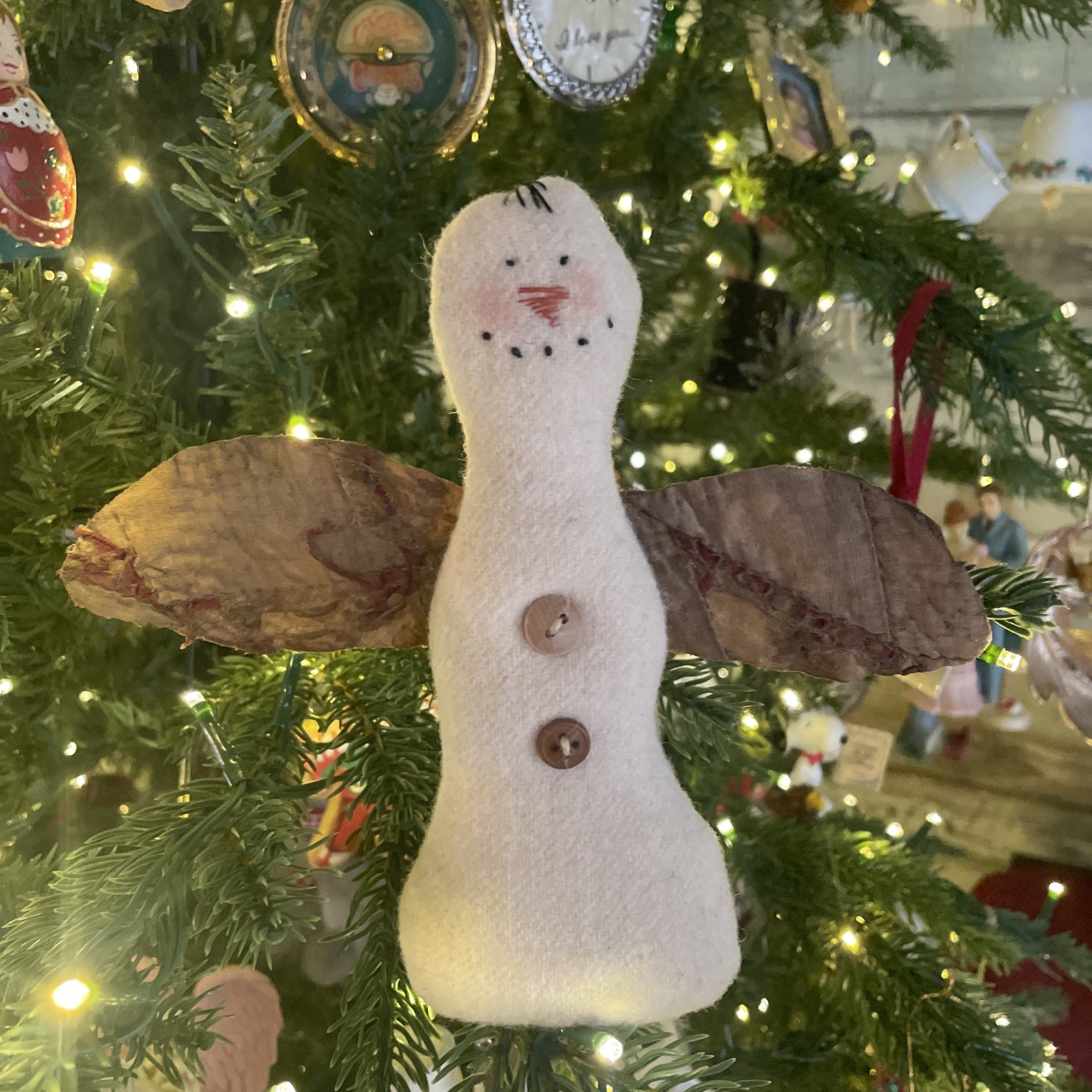 Primitive Christmas Rustic Quilt Wings Snowman Ornament 6”