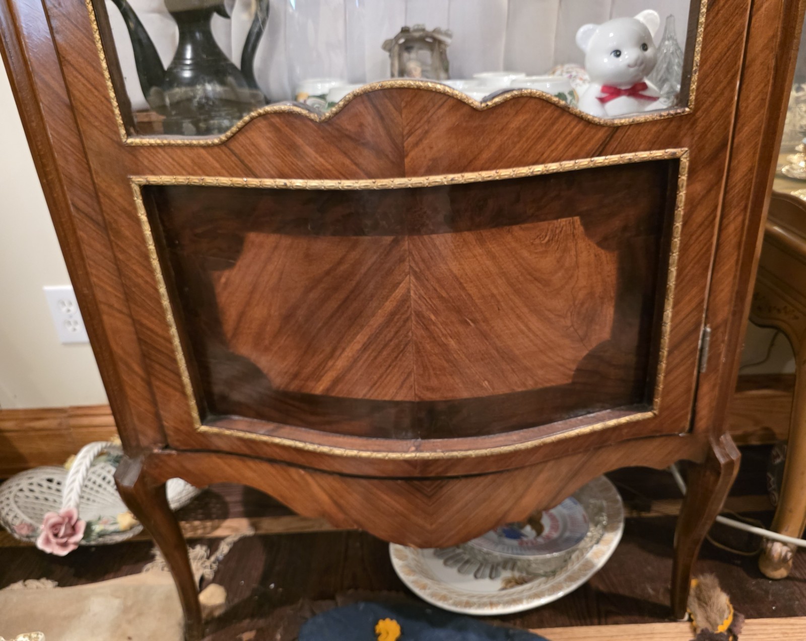 Vintage China Cabinet Vitrine with Curved Glass Brass Accents and Key