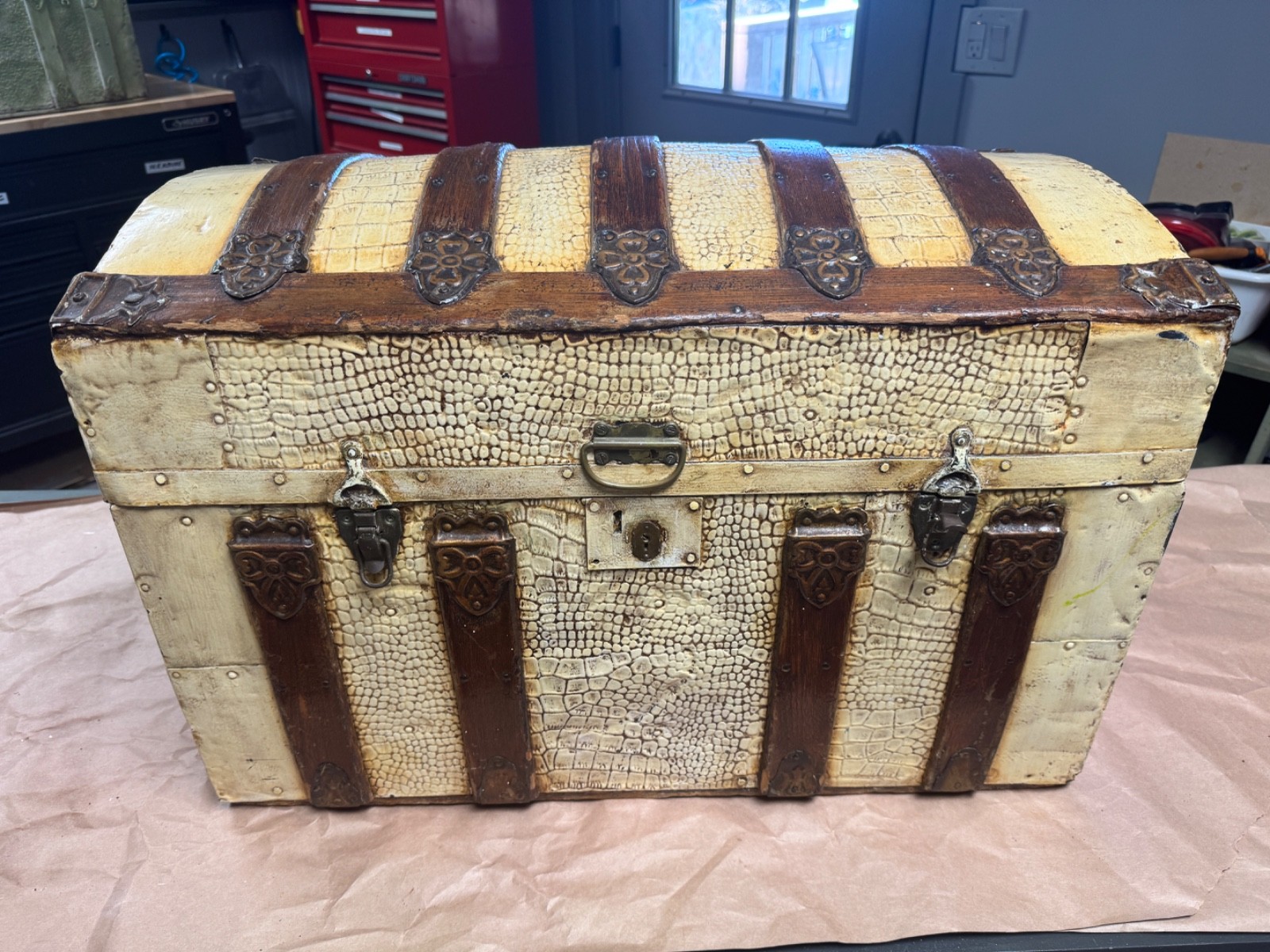 Antique round top steamer travel trunk, all original hardware