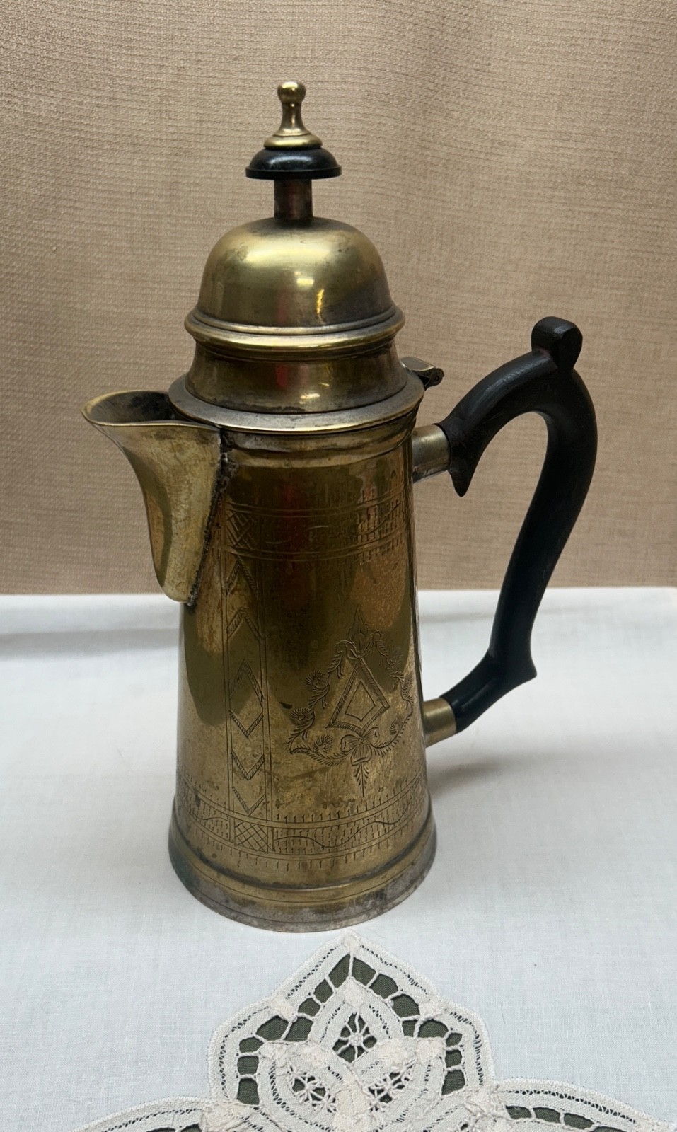 Antique Brass and Silver Coffee or Teapot with Hinged Lid and Wood Handle