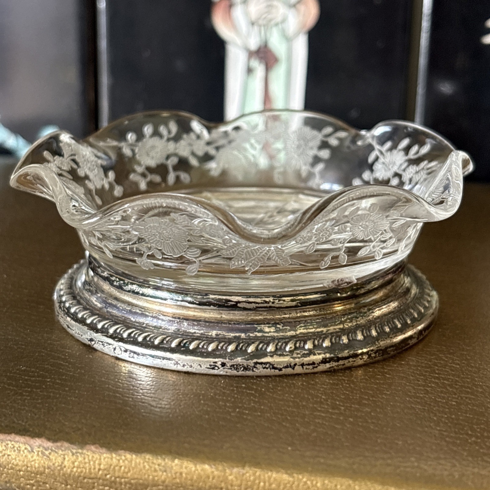 Sterling Silver Base Floral Etched Elegant Cambridge Chantilly Glass Coaster