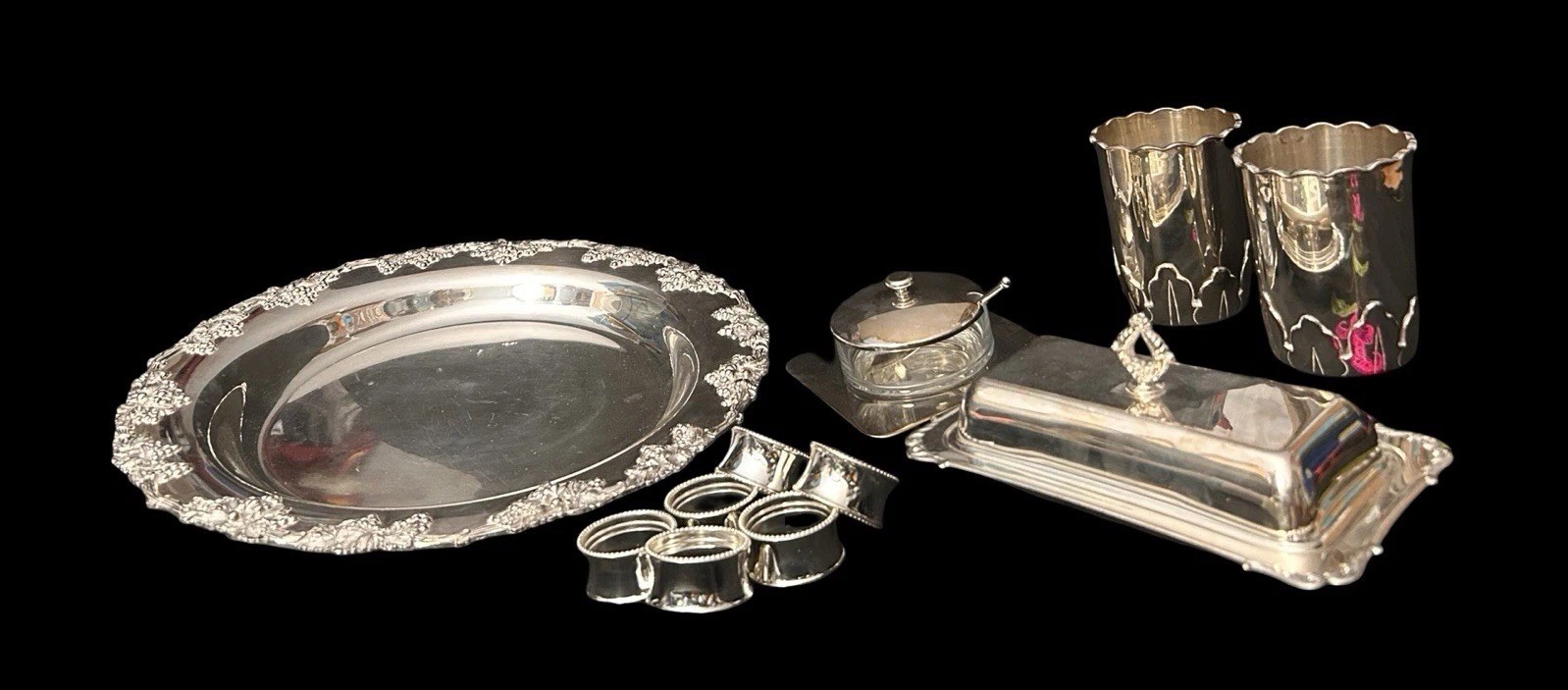 11pc Silverplate Set Butter Dish Tumblers Jam Pot Lid & Spoon Tray Napkin Rings