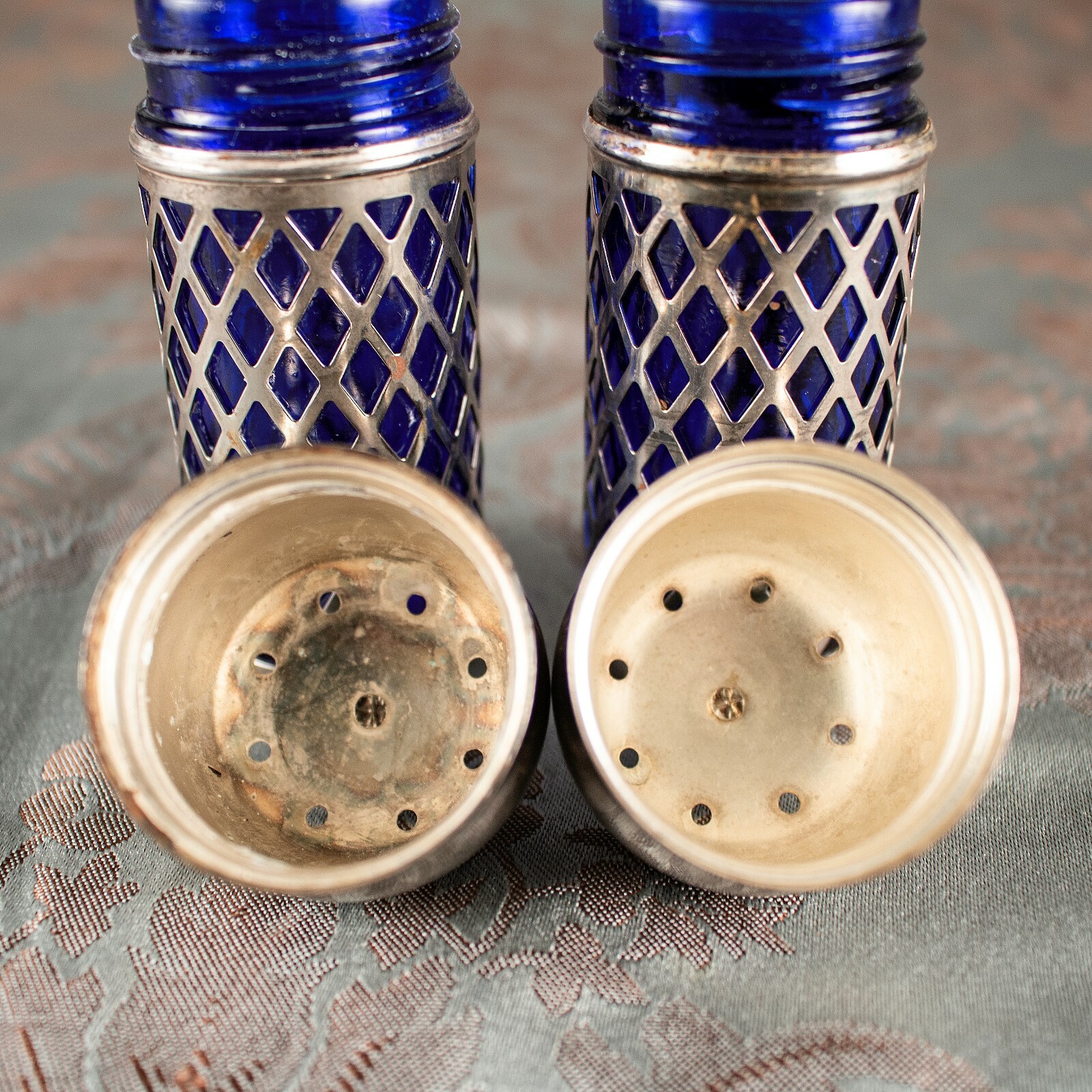 Sterling Silver 925 Blue Goblet Glass Antique Salt & Pepper Shakers