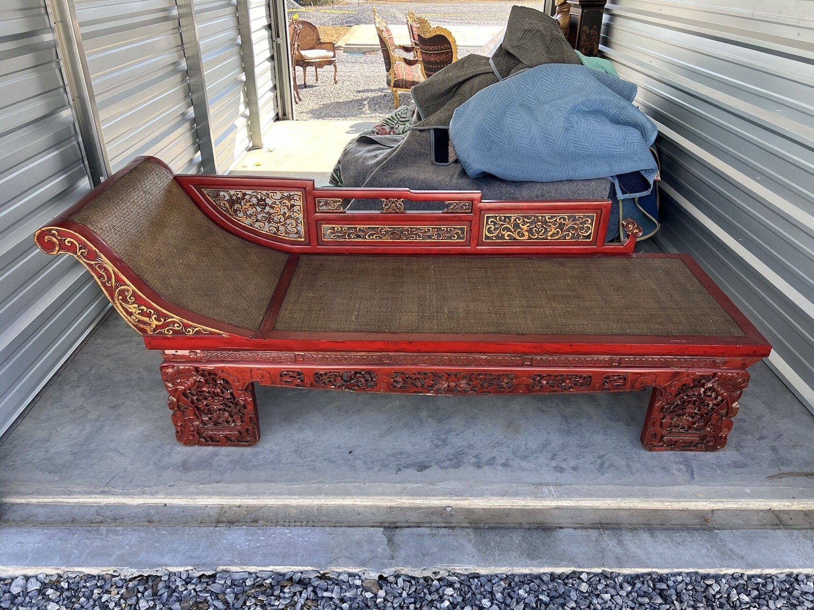 EXQUISITE Original Antique Intricately Carved Red Lacquer Gold Opium Chaise Bed