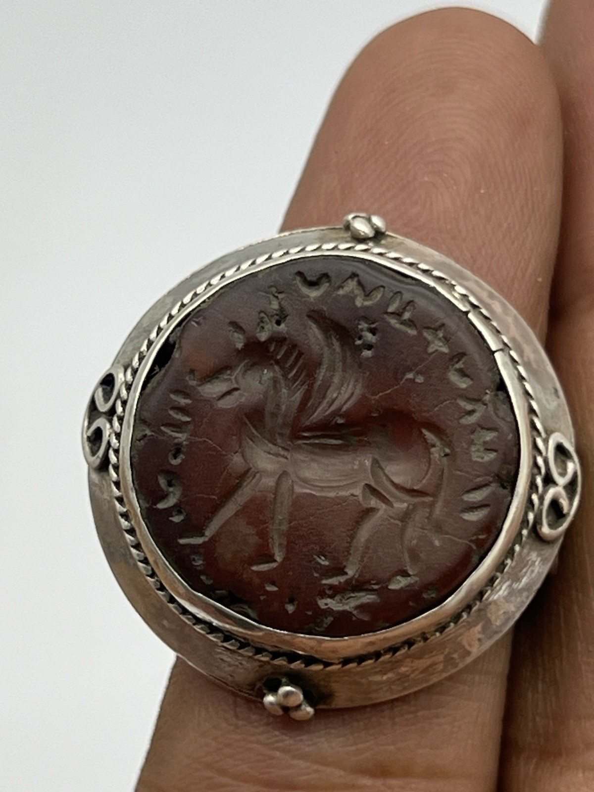 Ancient Sassanian Carnelian Seal Pegasus Intaglio Hand Made Silver Ring