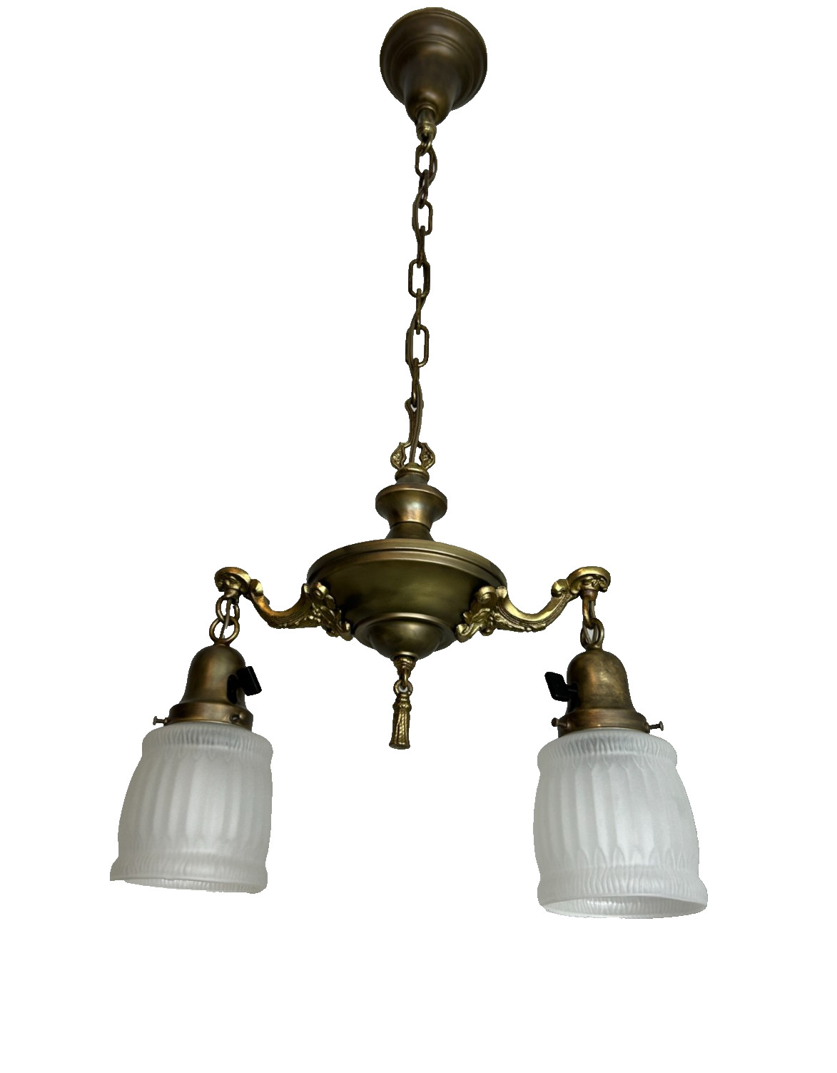 1910-20s Victorian brass 2 light pendant fixture