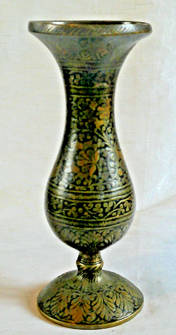 Vintage Antique Engraved Pattern Indian Brass Vase Old Leaves Flowers Intricate
