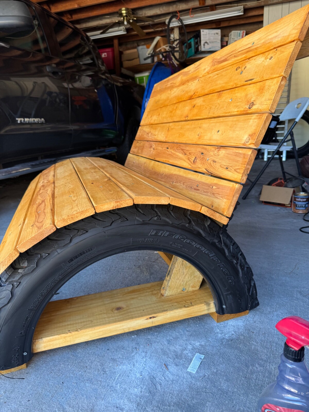 BfGoodrich tire and wood bench