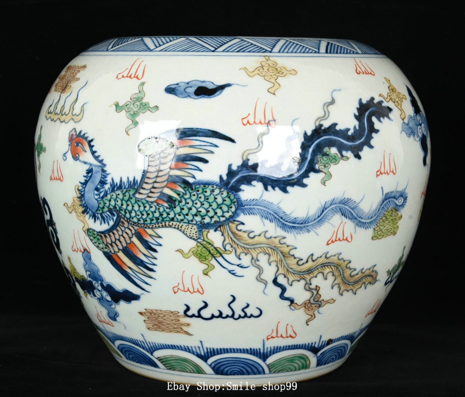 9.4″ Kangxi Dynasty Doucai Porcelain Dragon Phoenix Animal Pot Jar Crock