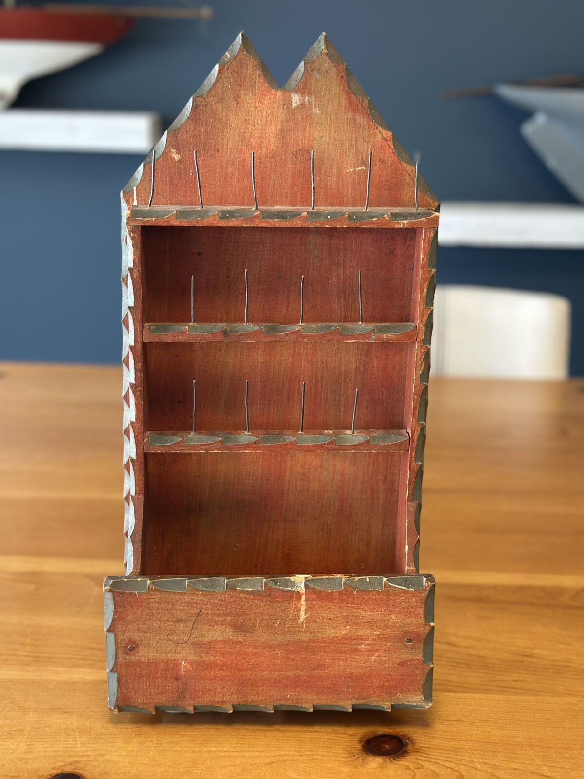 AAFA Antique Canadian Hanging Spool Thread Holder Cabinet Orig Red Grey Painting