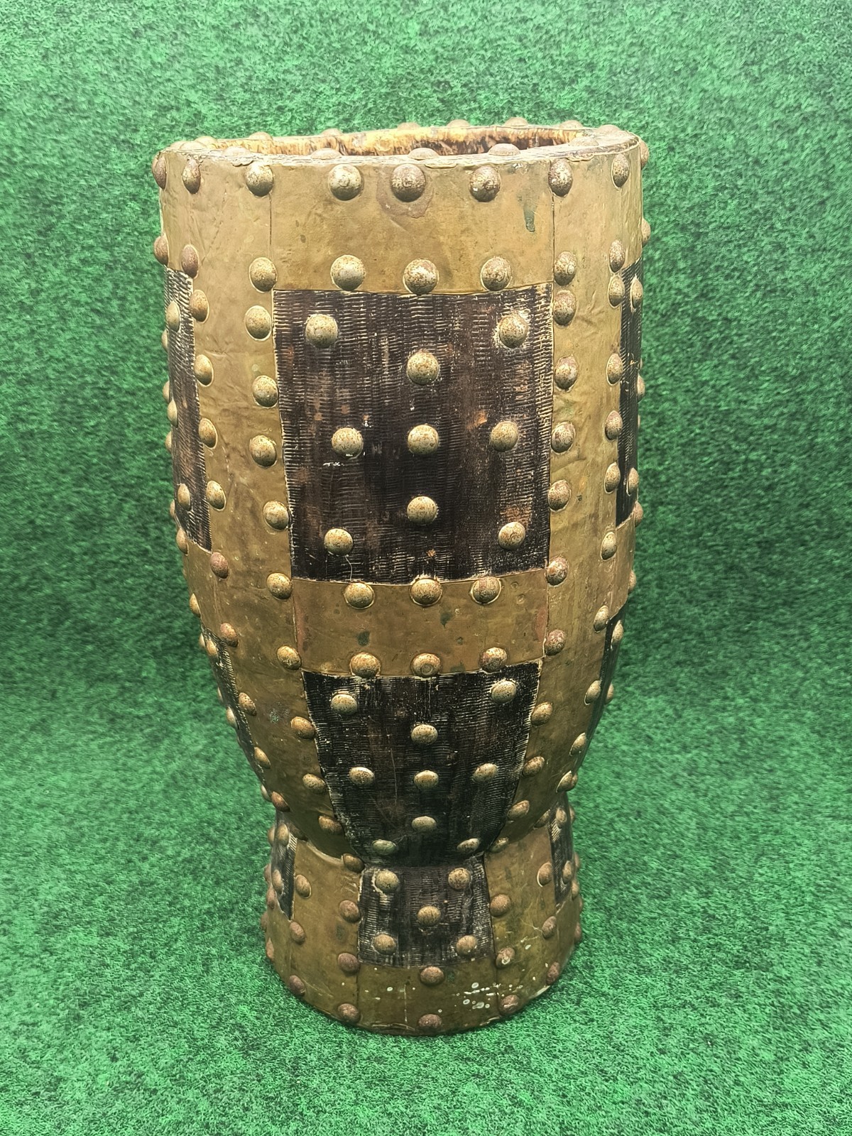 Antique Primitive Tribal Bronze Wrapped Wood Carved Mortar Vase Moroccan Berber