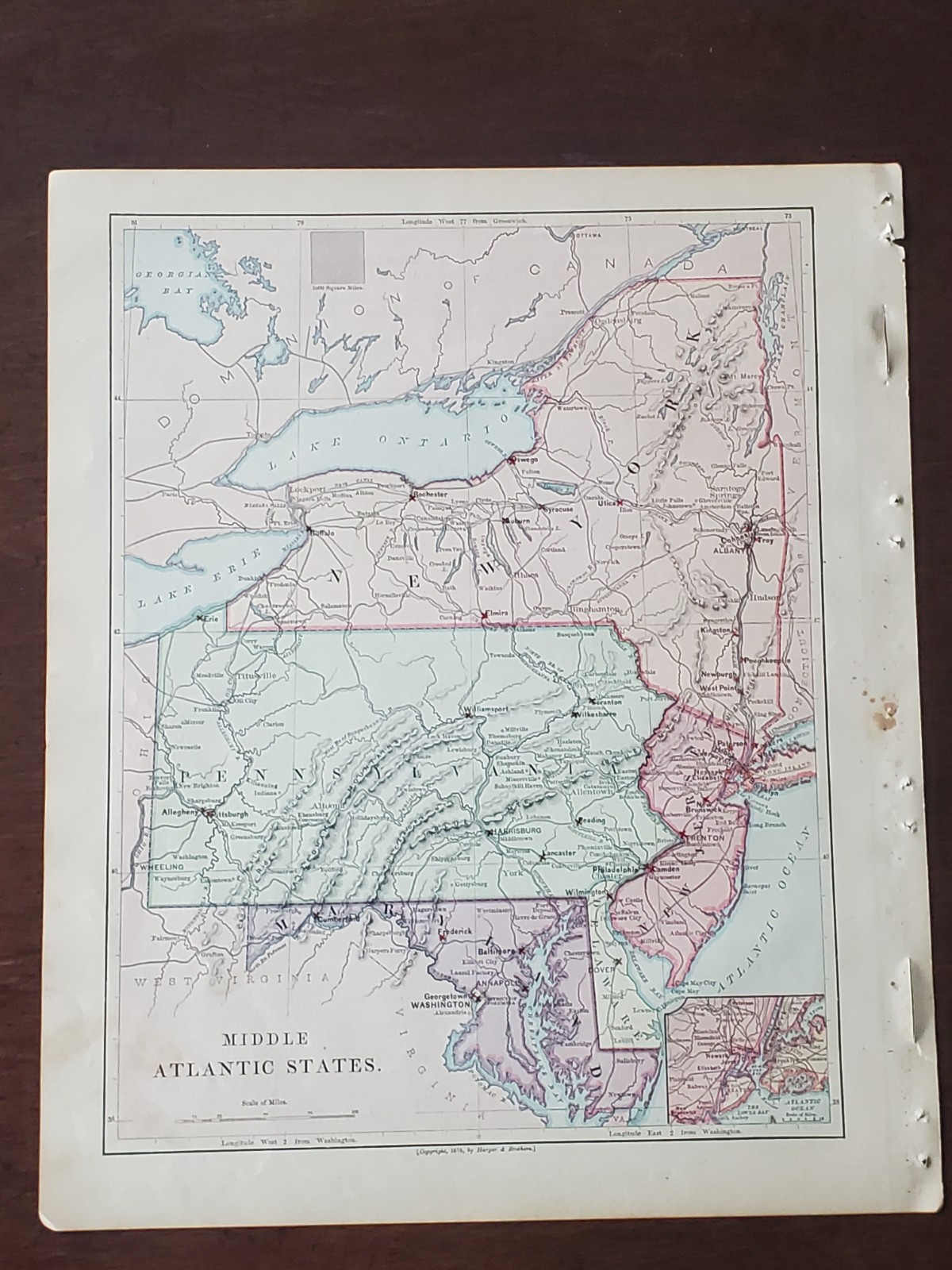 1877 ColoredMap “Middle Atlantic States ” Harper’s School Geography Book 10″x12″