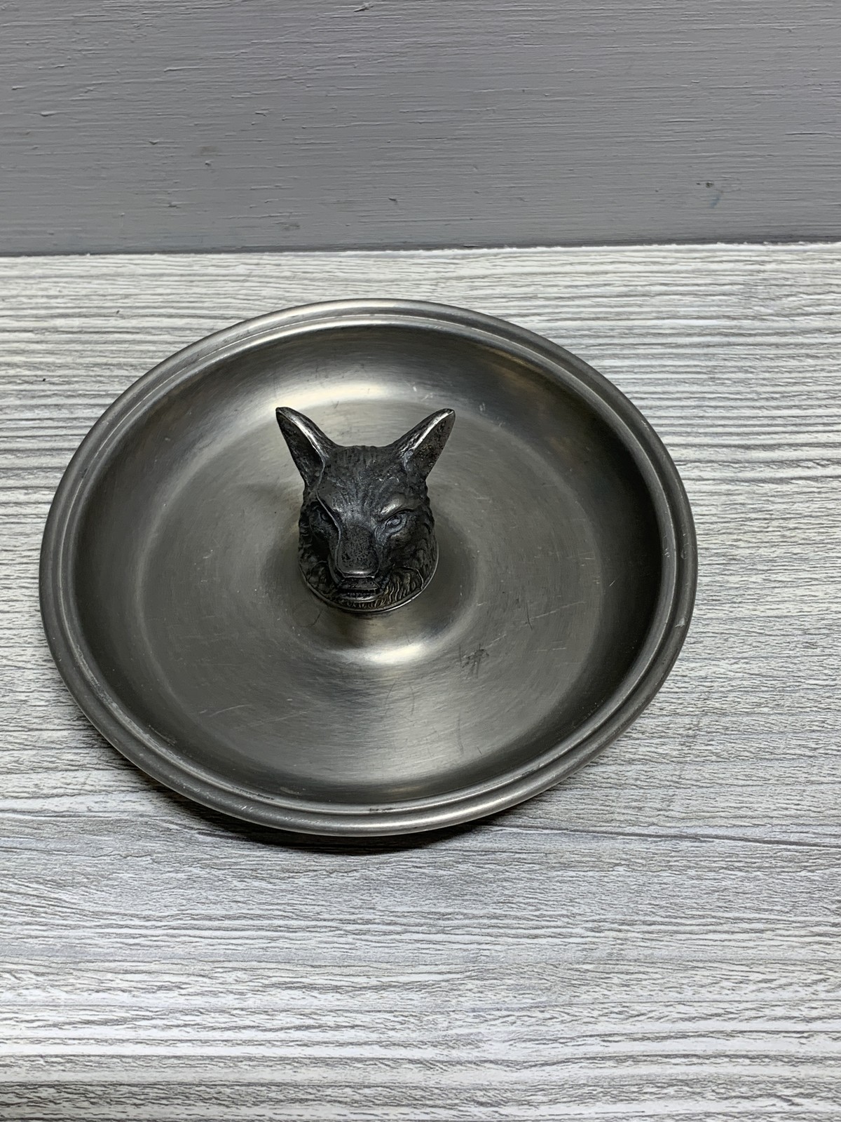 Vintage Wolf Head Trinket Dish Pewter Metal Animal Motif Small Catchall Bowl