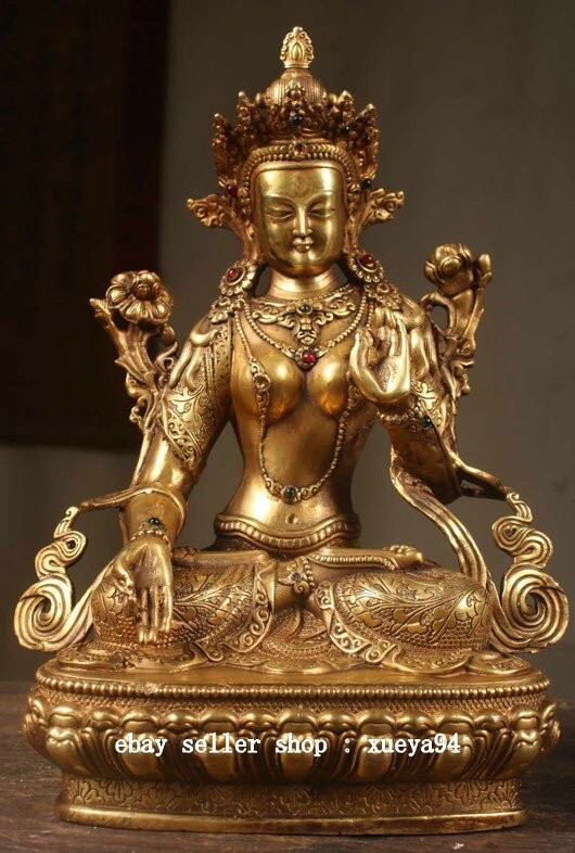 11” Tibet Buddhism Copper Gilt Gems White Tara Compassion Goddess Buddha Statue