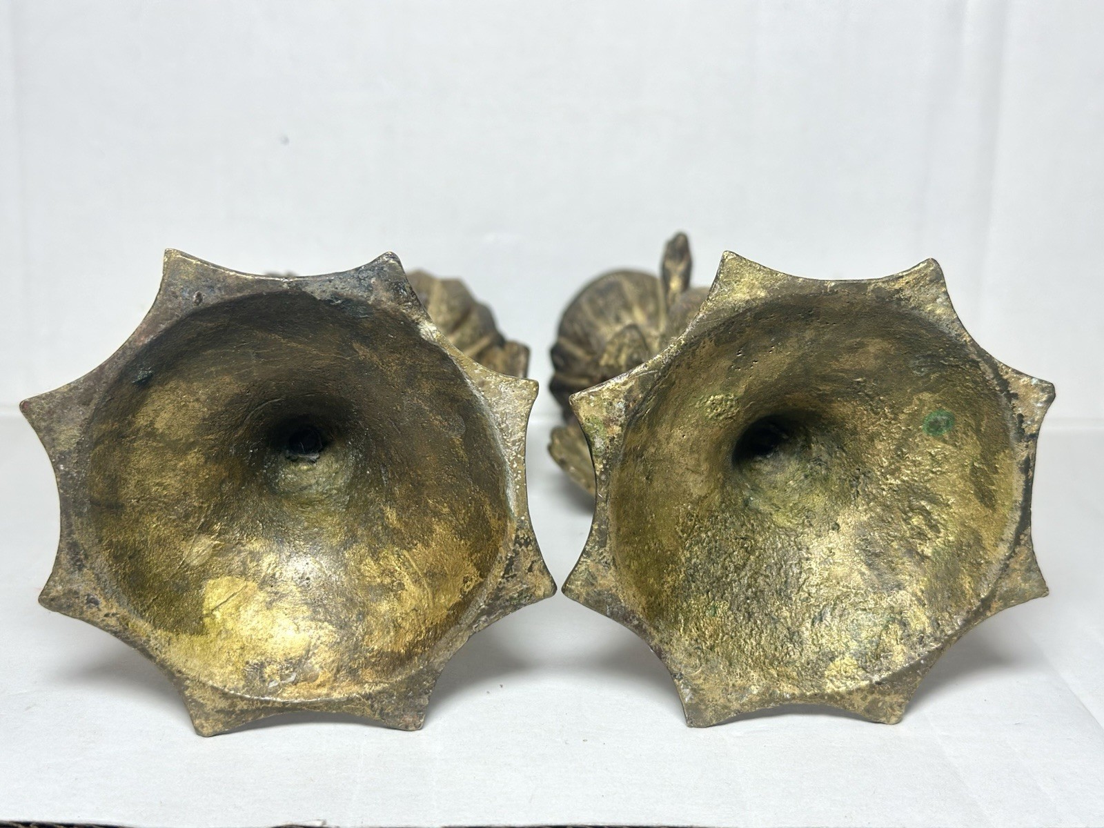 Pair (2) Matching Solid Brass Peacock Candle Holders 19th Century Antique