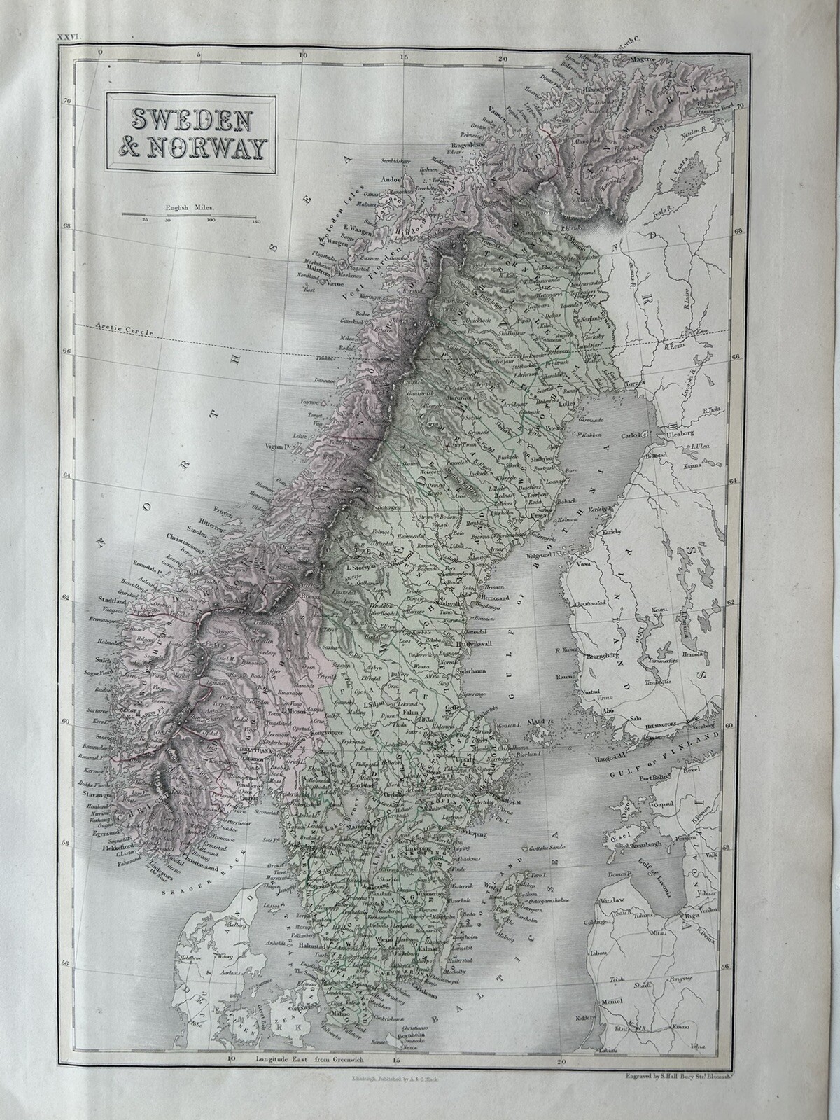 1851 Sweden & Norway Hand Coloured Original Antique Map by Selina Hall