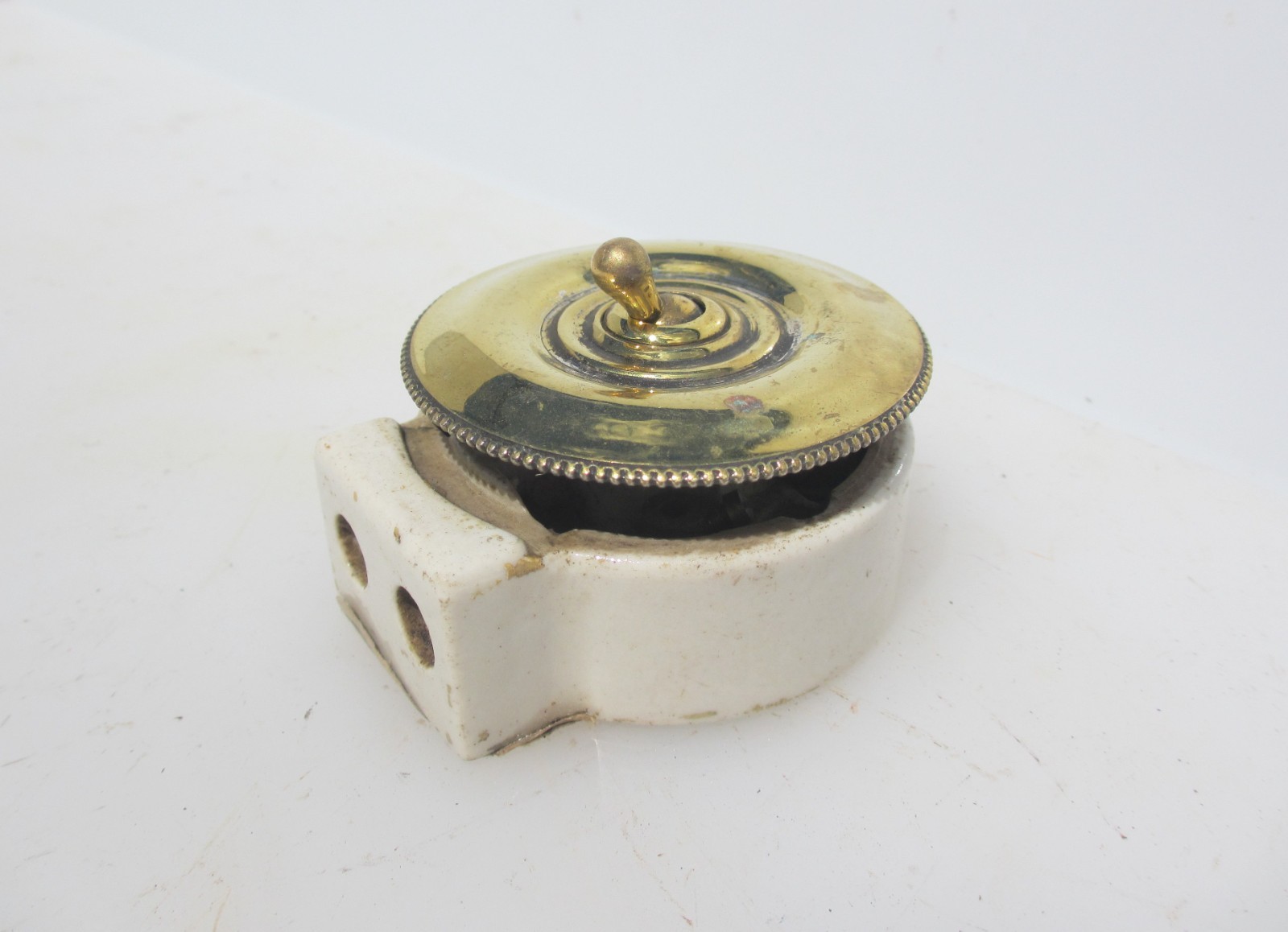 Antique Brass & Ceramic Light Switch Old Dolly Toggle Vintage Deco Plug Socket?