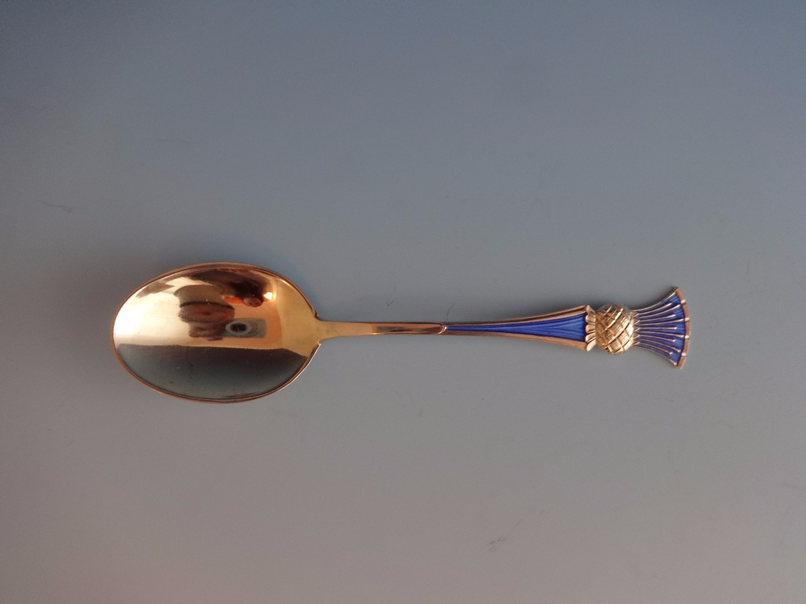 Thistle by Tostrup Norwegian Sterling Silver Dessert Spoon (Enamel & Vermeil) 5″