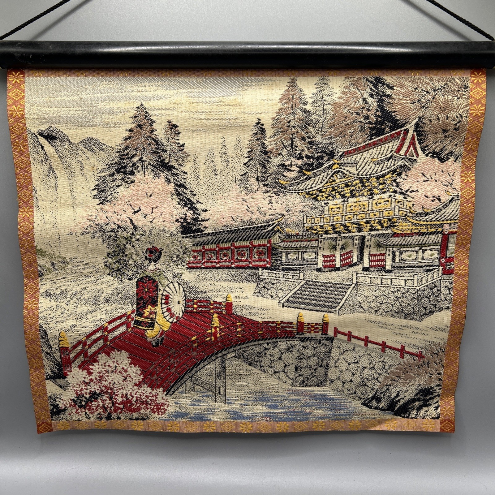 Vintage Japanese Machine Embroidery Silk Tapestry 11.5”W X 10”T