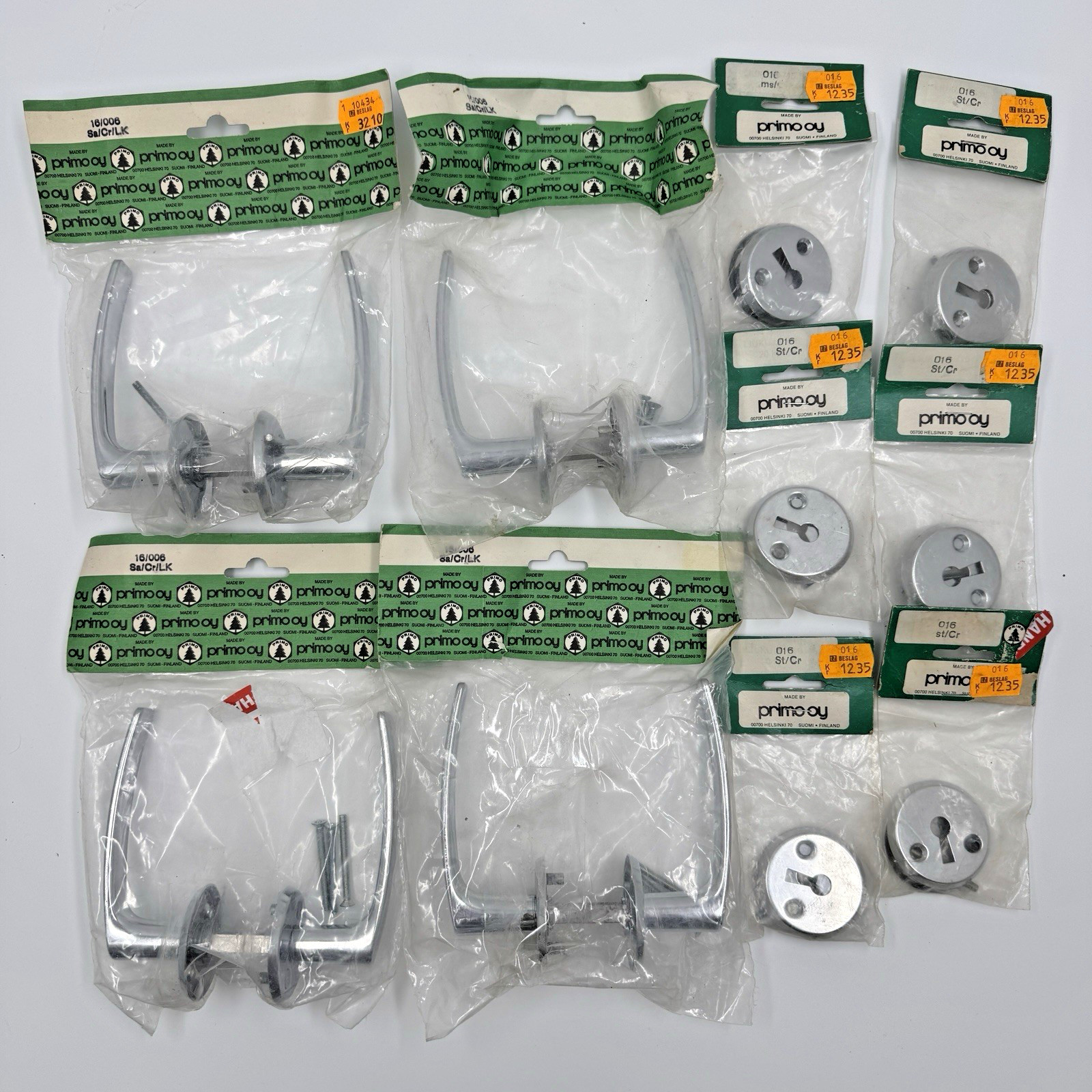 Vintage Primo Oy MCM Hardware Lot Door Handles / Keyhole Escutcheon Plates NOS