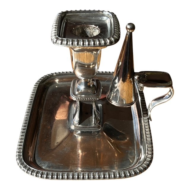 Silver on Copper candlestick, Chamberstick & Snuffer. Antique c.1890–1910