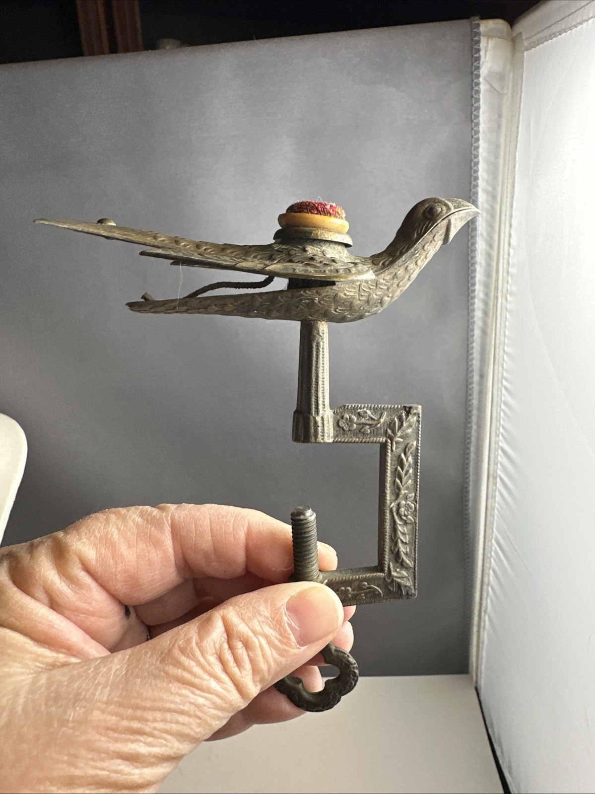 Antique Victorian Original Sewing Bird Clamp On Pin Cushion c. 1890 Sewer Tool