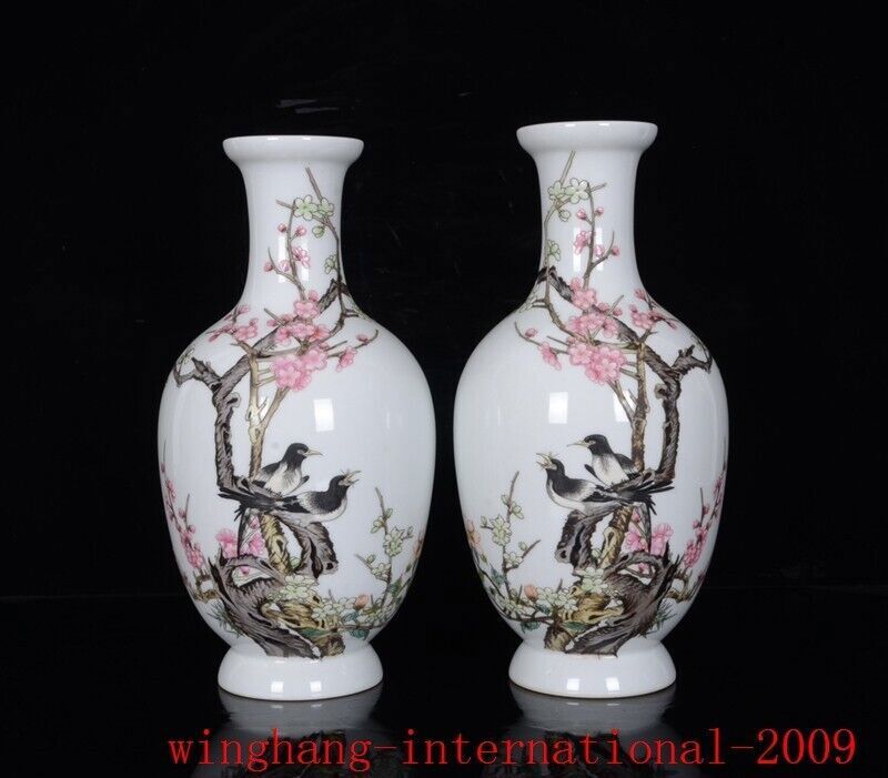 Qing enamel color porcelain exquisite Plum blossom bird grain bottle vase pair