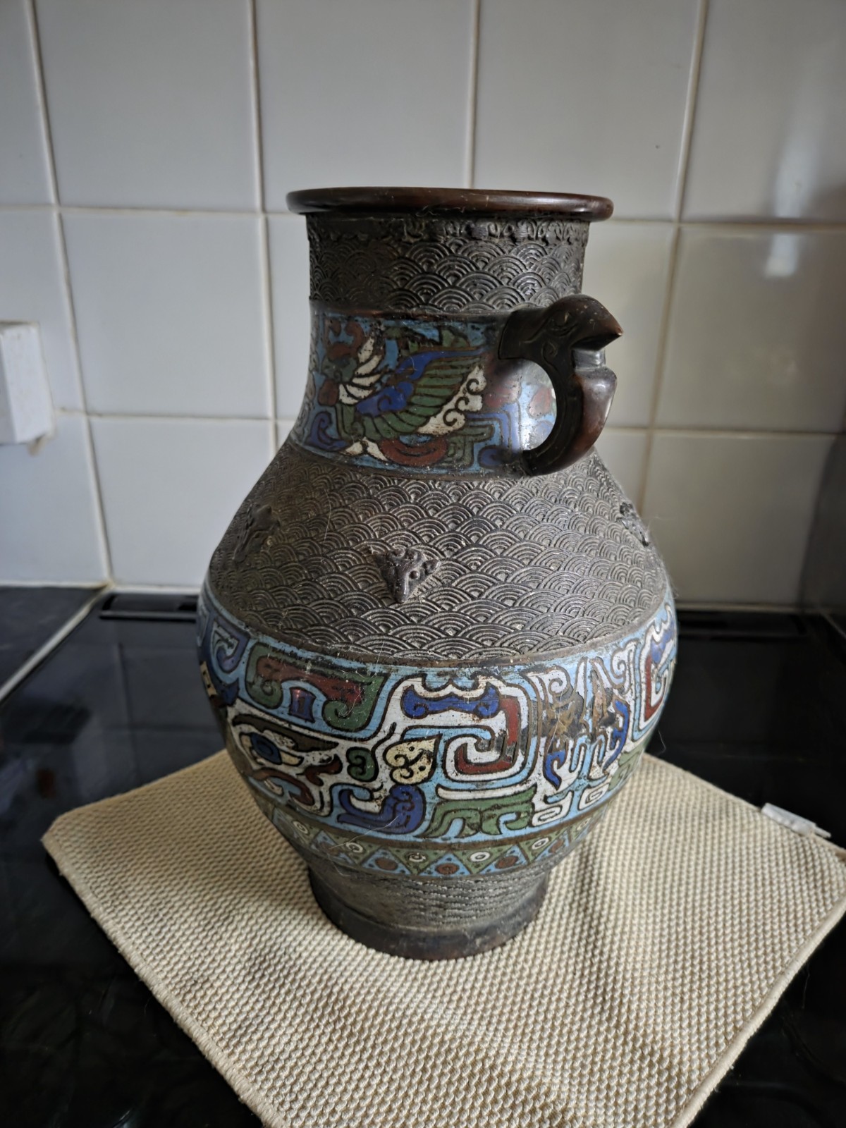 Antique Japanese cast Bronze Champleve Enamel Cloisonne Urn Vase 12″
