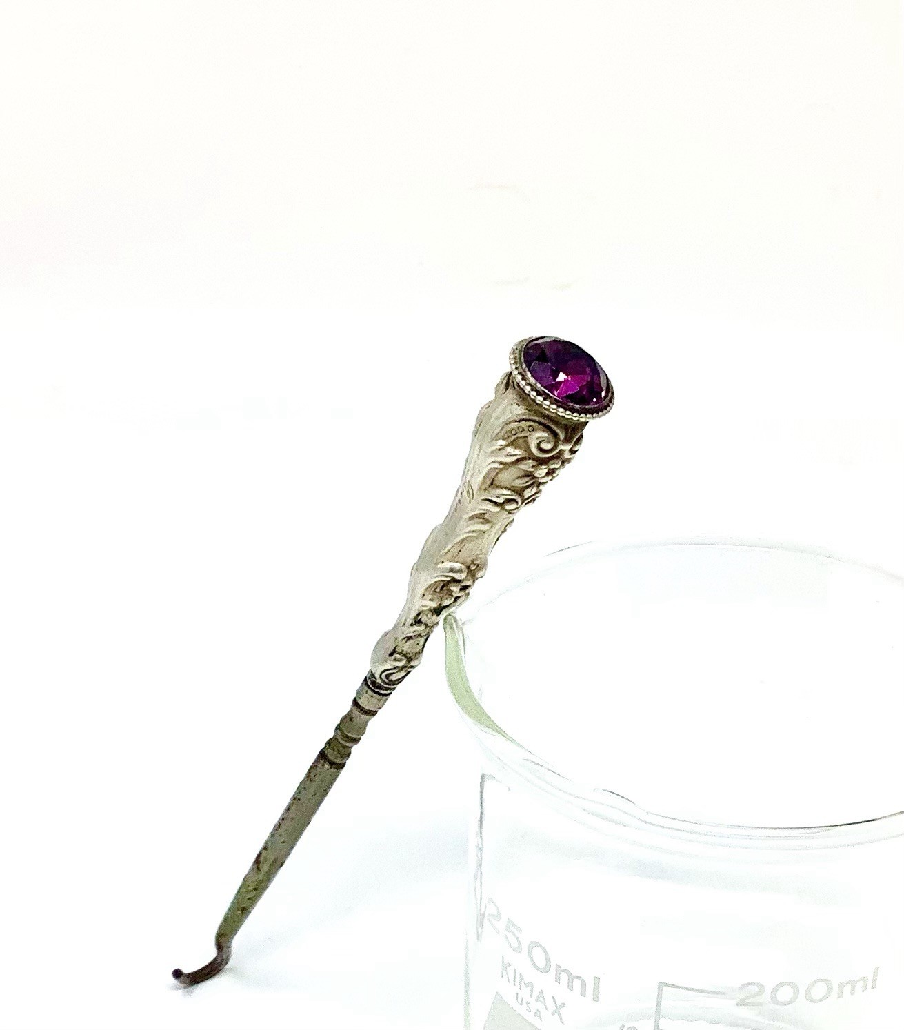 Antique Button Hook Sterling Silver Handle Art Nouveau w Amethyst Jewel at End