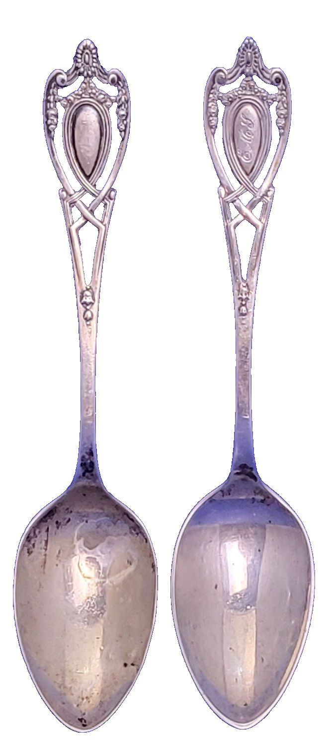 2 LUNT MONTICELLO Sterling Silver TEASPOONs One Engraved 5 5/8″ Pat 1908
