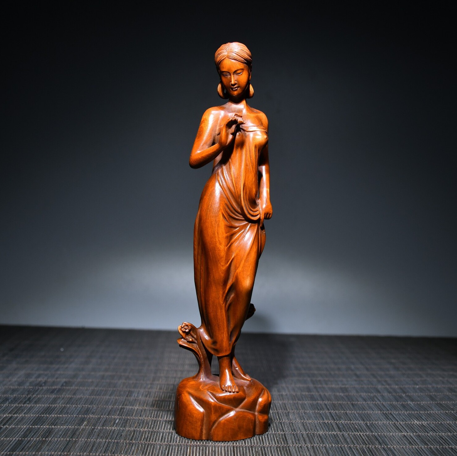 7.8″ Antique Wood Carving Wooden Sculpture Artwork Statue Women Ladies Maiden
