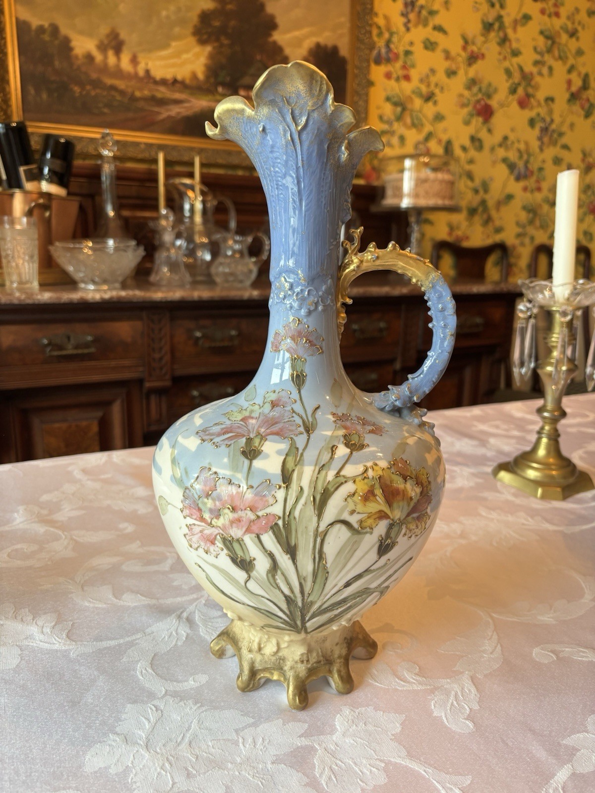 Turn-TEPLITZ Bohemia RStK 14.5” Porcelain Hand Painted Pitcher/Urn Mfg 1892-1905
