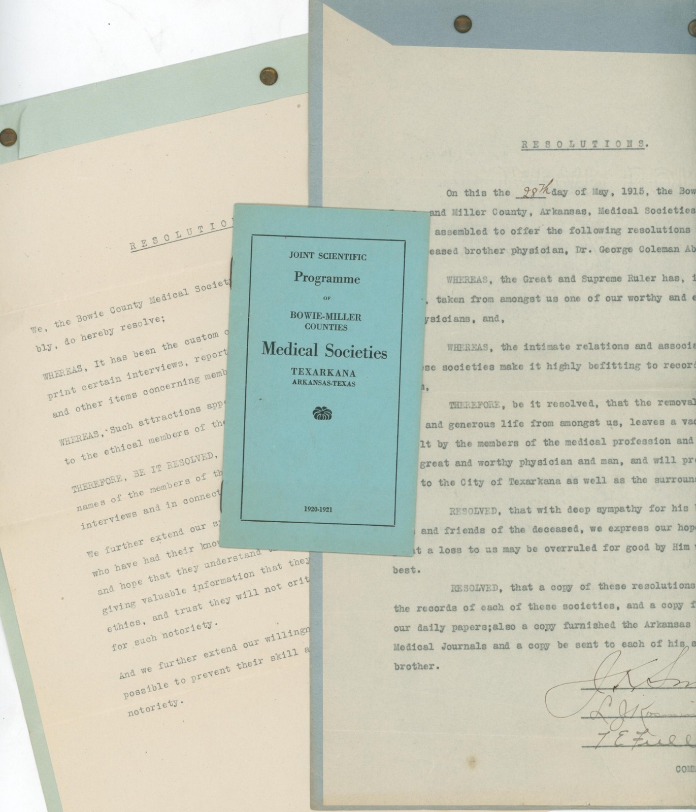 1915-20 Bowie Miller Counties Texarkana Medical Society Program Resolution Lot