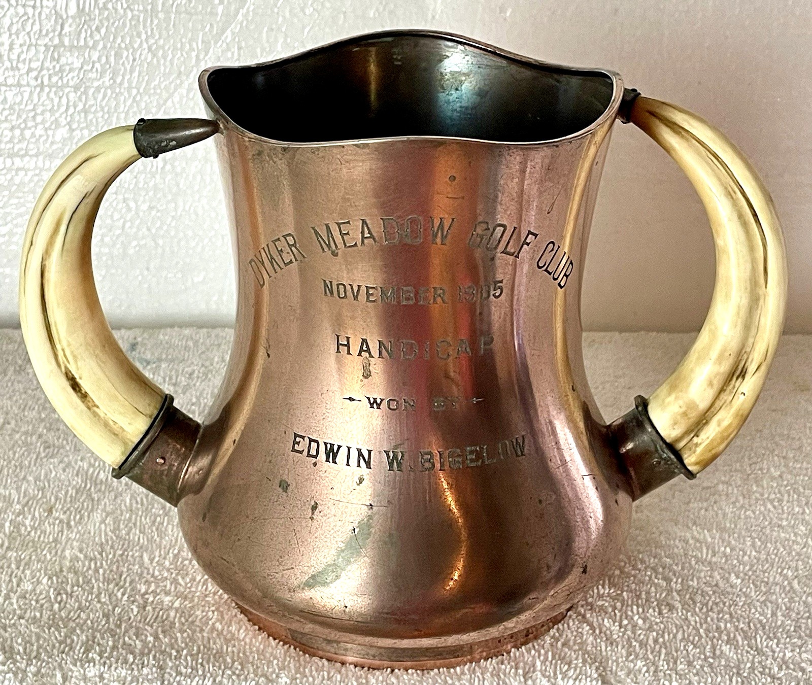VINTAGE COPPER BOAR TUSK TROPHY DYKER MEADOW GOLF COUNTRY CLUB BROOKLYN NY 1905