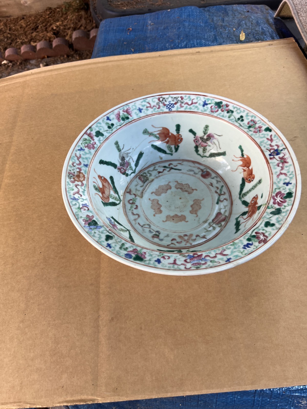 Huge Antique Chinese Hand Painted Goldfish Flowers Bats Porcelain Basin 13-1/2″