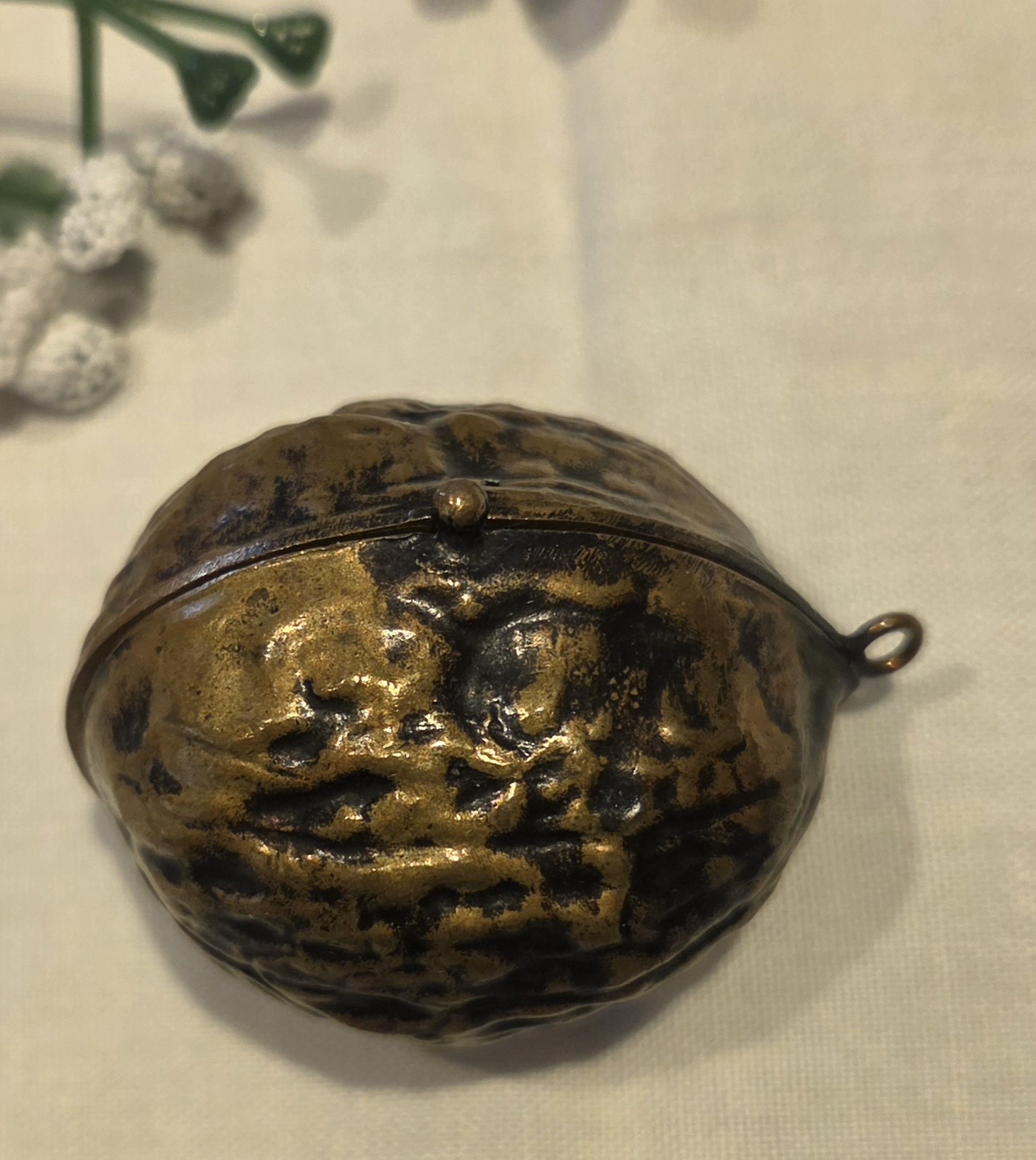 💐 ANTIQUE MINIATURE WALNUT CHATELAINE ETUI W COMPACT + PUFF & SCENT BOTTLE 💐
