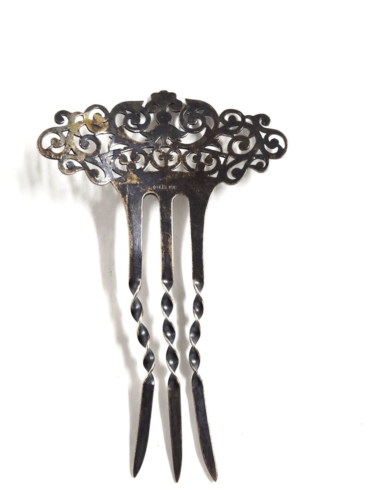Vintage Victorian Sterling Silver Scrolled Filagree Hair Fork Comb 4.5″ Long