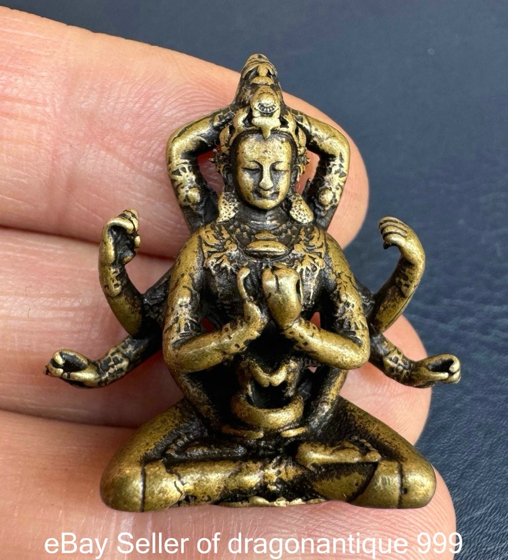 1″ Old Tibetan Buddhism Yellow Copper 8 Arms Kwan-yin Guan Yin Goddess Pendant