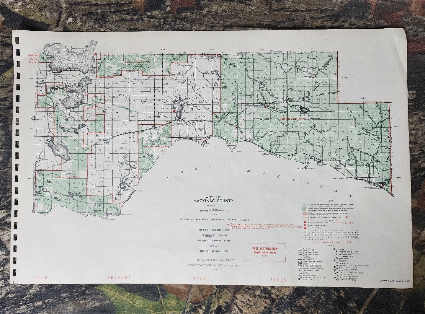 Vtg 1955 West Part Mackinac County Michigan Dept Conservation Plat Maps 11″X17″