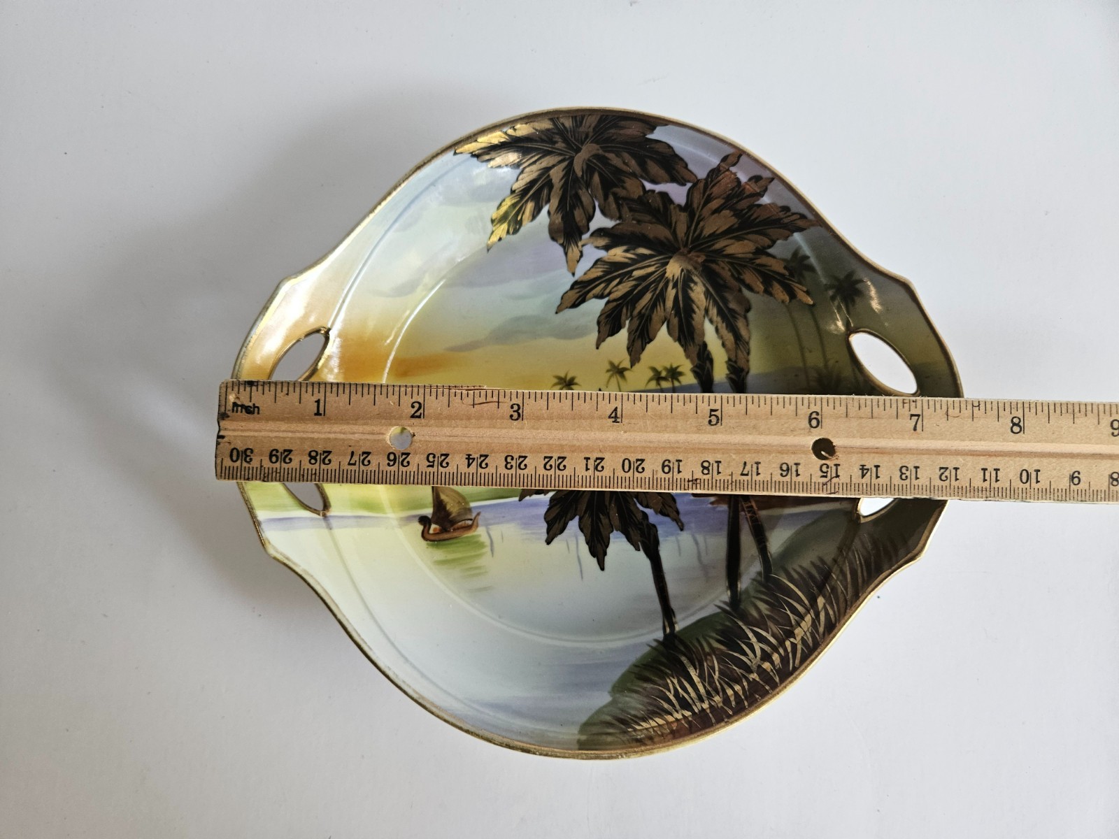 Antique Nippon Morimura Hand Painted Waterscape Gold Palm Trees Bowl 7 1/2 “