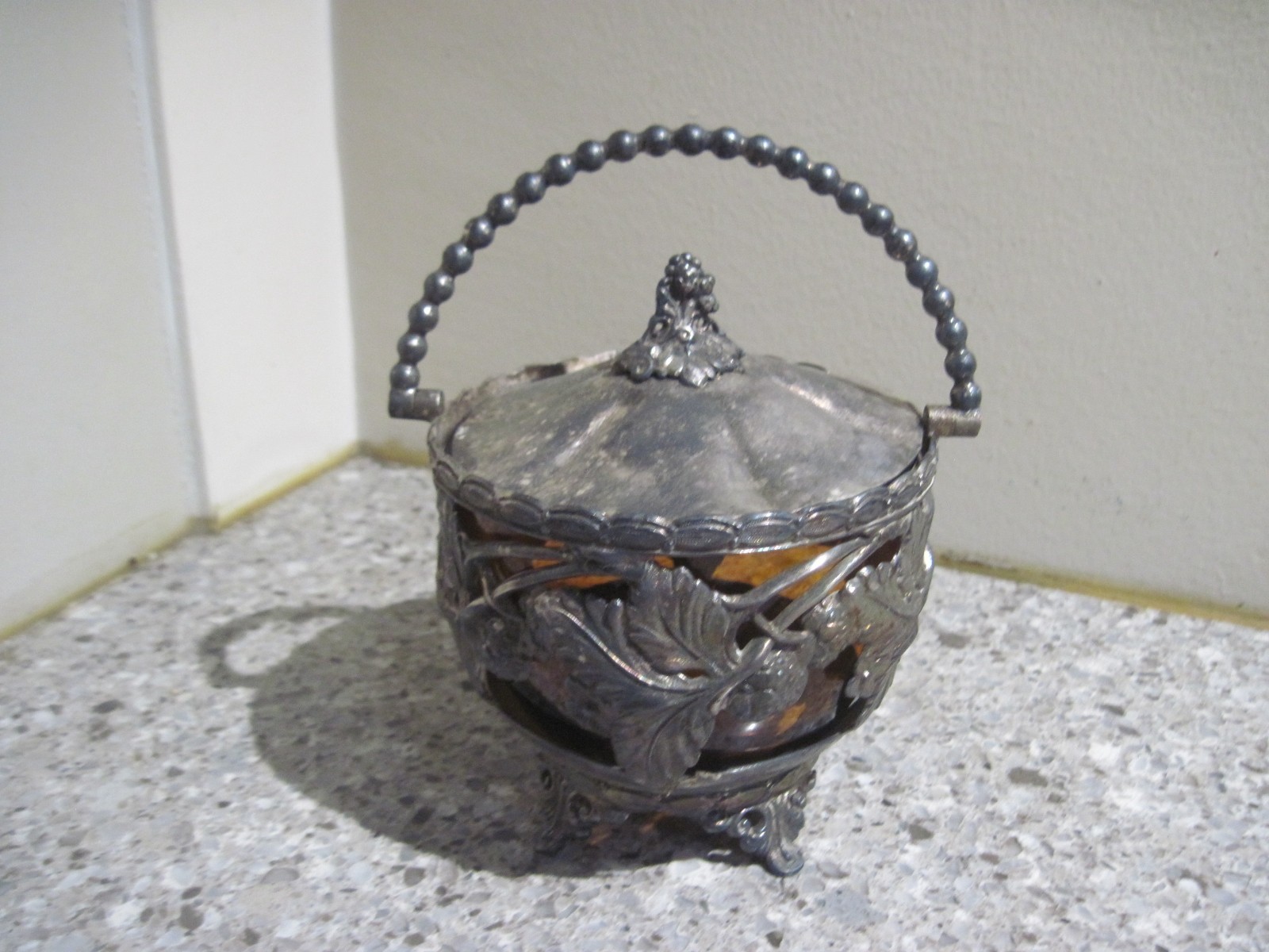 Antique Art Deco Ornate Silverplate Covered Berry Jar with Amber Glass Insert
