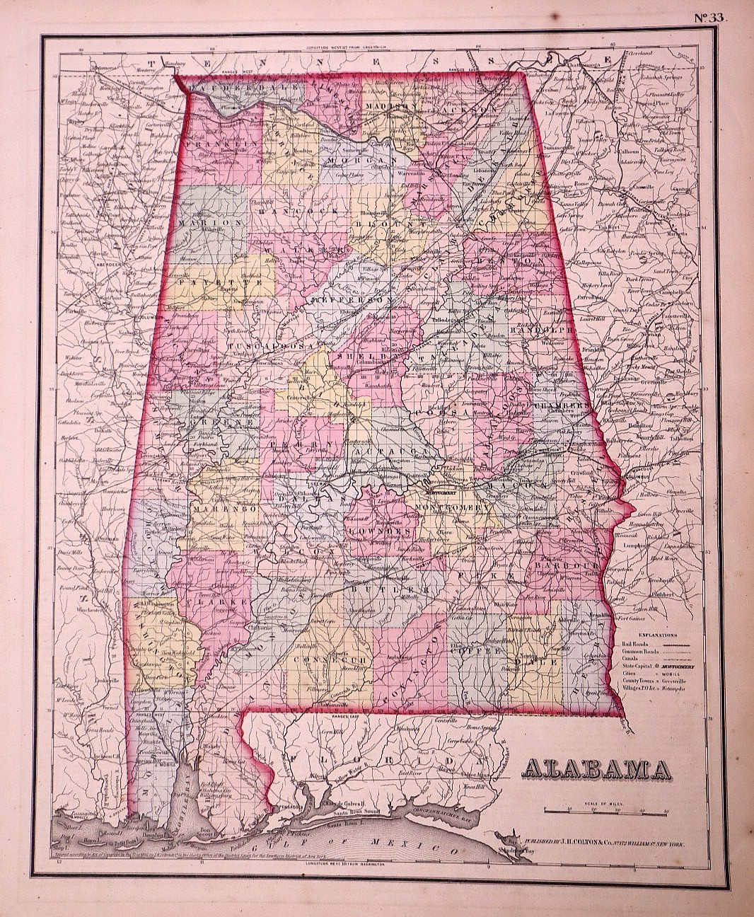 Rare Antique 1857 Hand Colored Map of Alabama by J.H. Colton 14×16.5