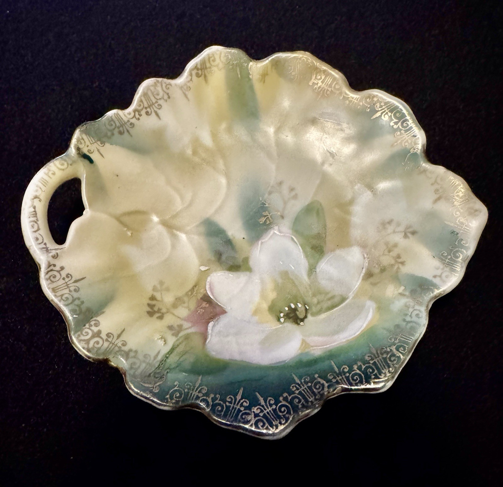 Antique Leaf Shape Lotus Flower Plate Handled Green Gold Gilt Accents 4.5″ x 4″