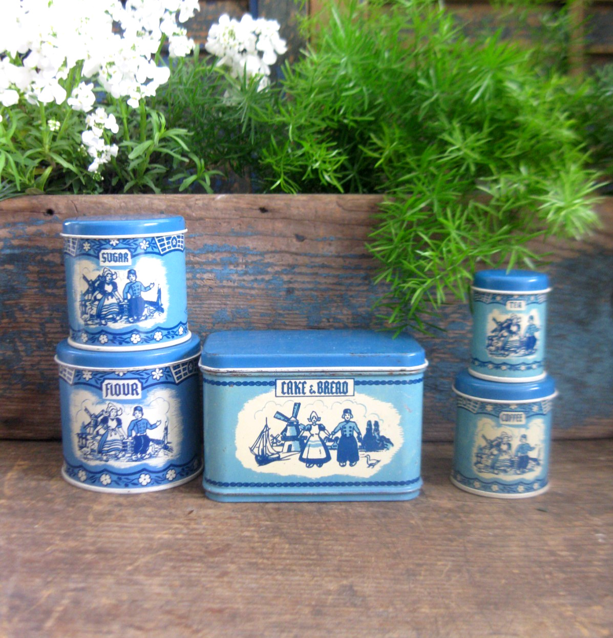 Child’s Toy Antique Tin Canister Set with Bread Box Wolverine Blue Dutch