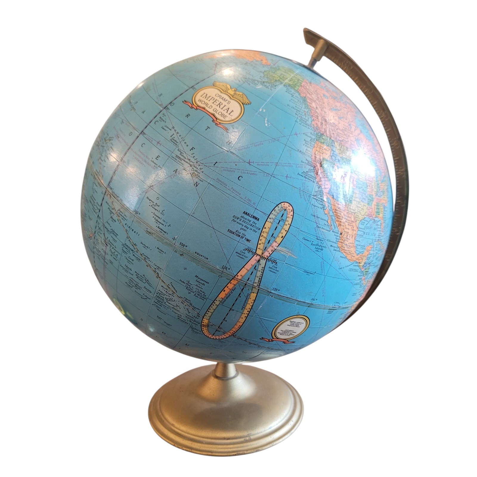 Vintage Cram’s Imperial 12 Inch World Globe With Metal Base George F. Cram Co.