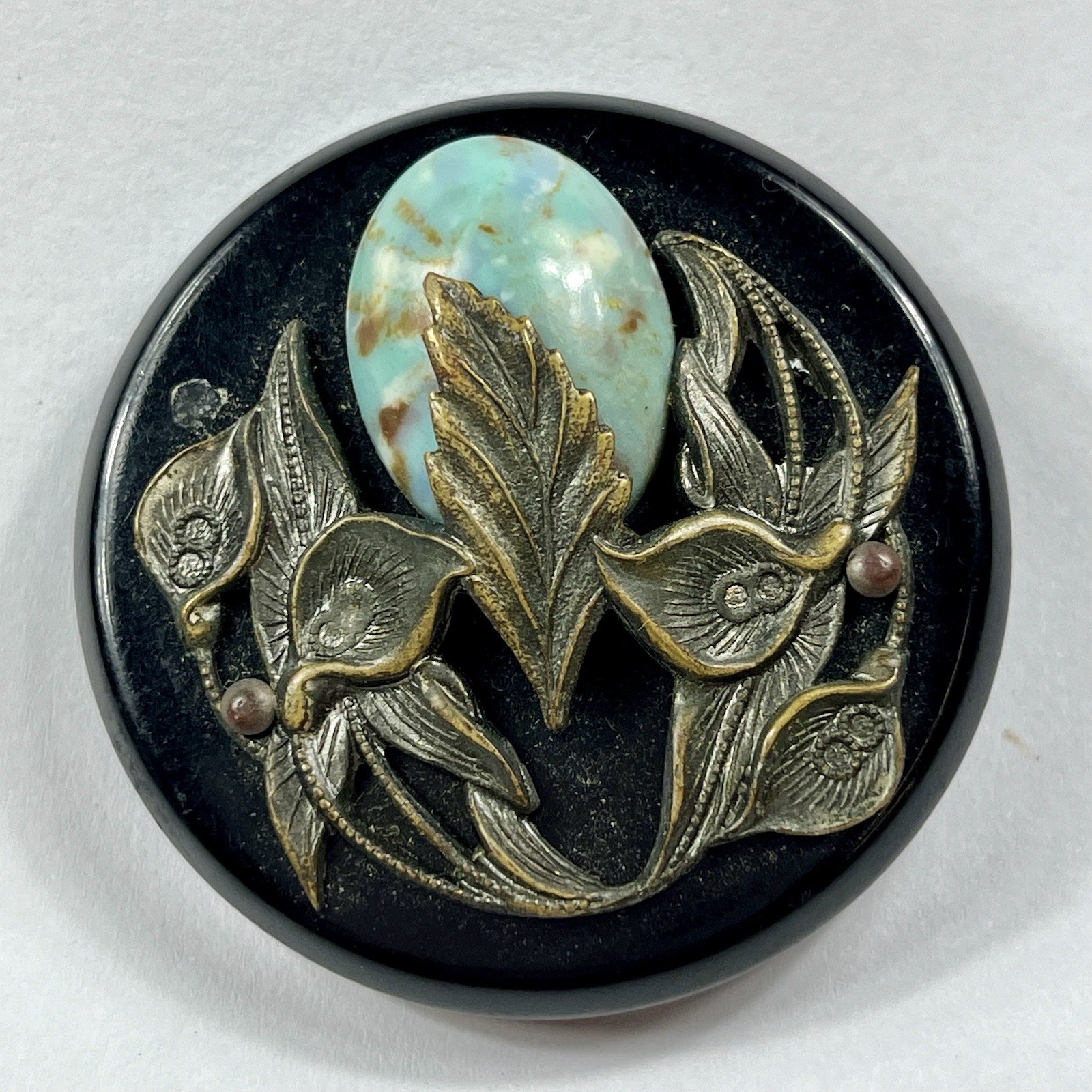 Vintage Bakelite Button, Brass Floral lily Overlay, faux turquoise Cabochon, 2″