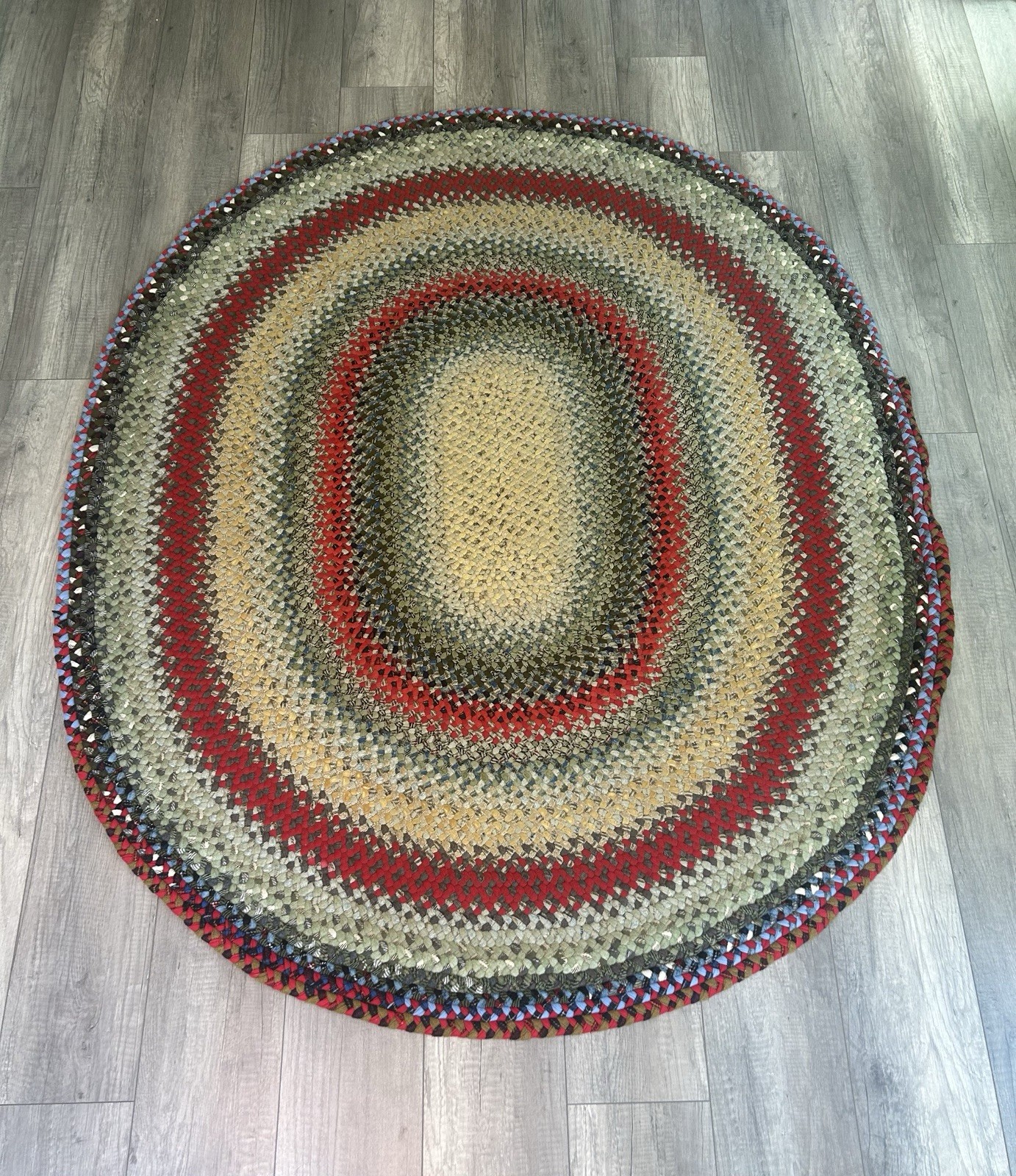 Large Handmade Braided Wool Oval Rug 70×58.5 Primitive Farmhouse American