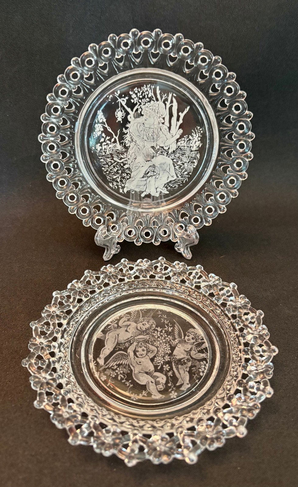2 Pc. EAPG Antique Pattern MISS MUFFET, CHERUBS PLATES U.S. Glass #8804, #16012