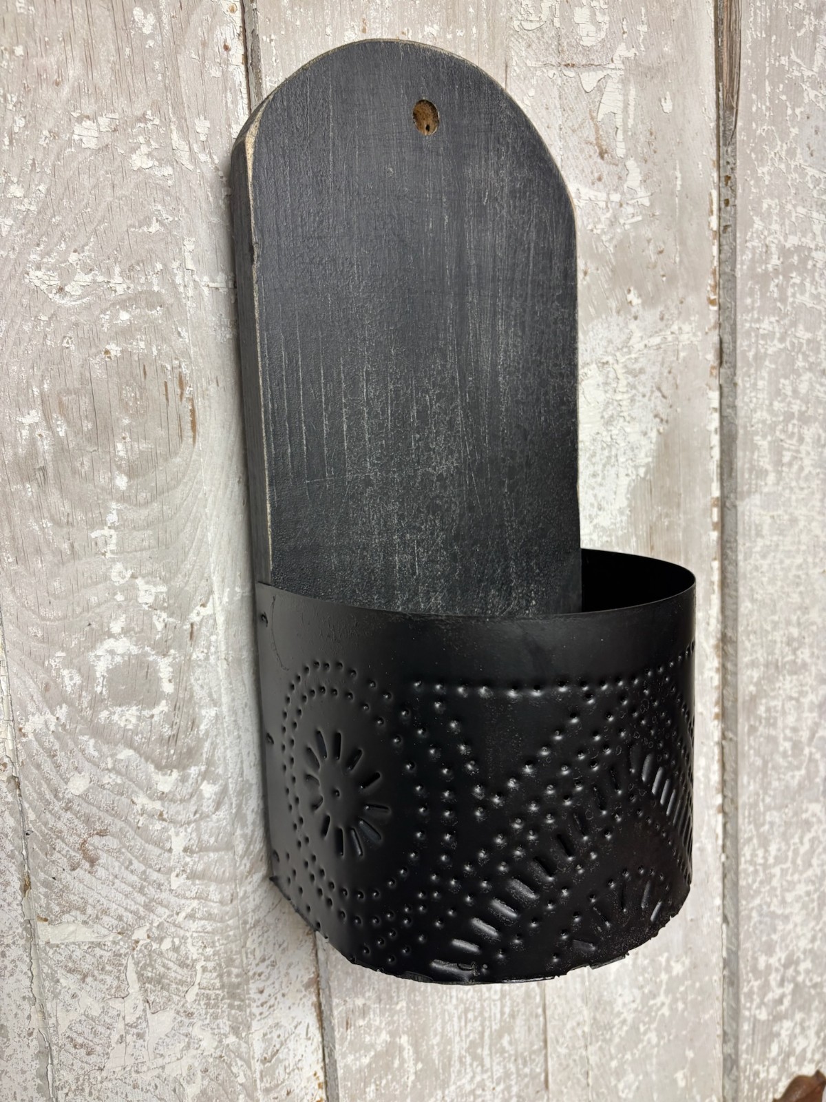 New Primitive Aged BLACK PUNCHED TIN WALL POCKET Hanging Candle Sconce 14″
