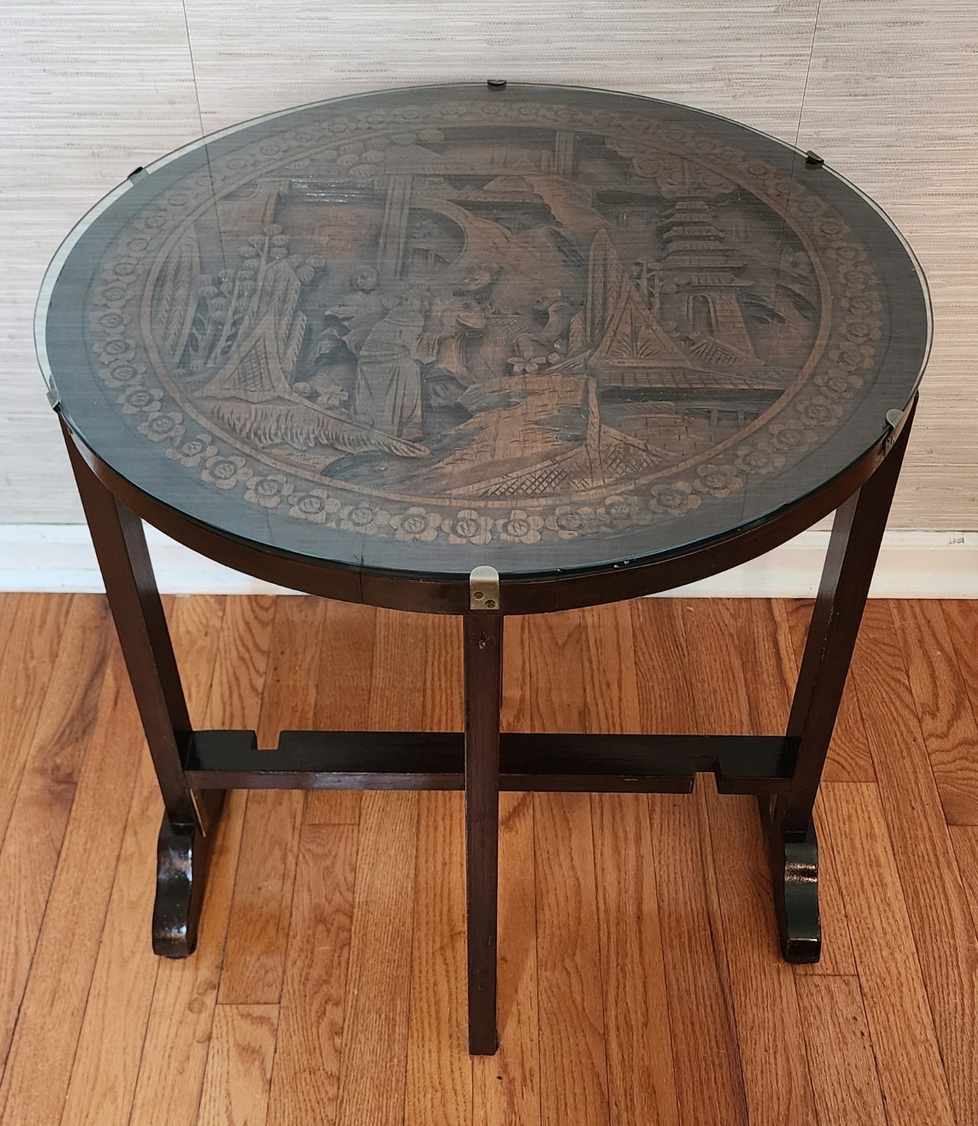 Chinese Carved Hardwood and Glass Tilt-Top Tea Table or Side Table